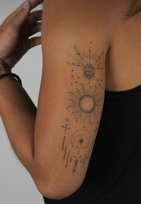 Big Upper Arm Tattoos Women, Summer Inspired Tattoo, Unique Artsy Tattoos, Bohemian Tattoo, Earthy Tattoos, Hippie Tattoo, Boho Tattoos, Forarm Tattoos, Geniale Tattoos