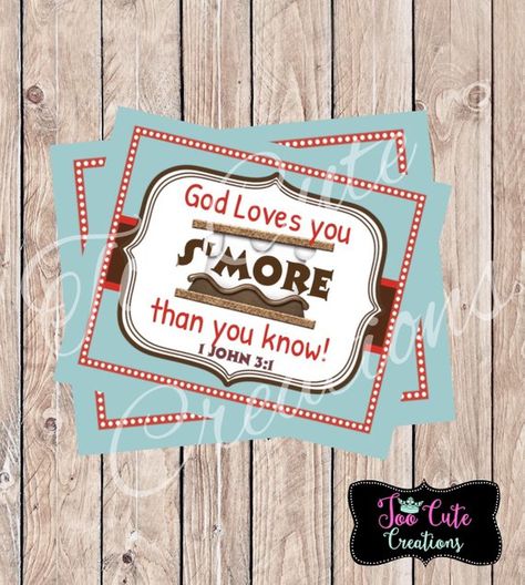 Jesus Loves You Smores Trunk Or Treat, Scripture Treats, Emmaus Agape, Clubhouse Ideas, Vbs Snacks, Trunker Treat Ideas, Girl Scout Gifts, Scriptures For Kids, Bible Stickers