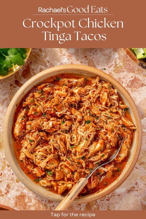 Looking for an easy weeknight meal? Look no further than my Crockpot Chicken Tinga Tacos. Made with chicken thighs that are seasoned to perfection + literally fall apart they’re so tender, the easiest, tastiest Tinga sauce, and all of your favorite toppings, you might not ever want tacos any other way. Tap for the high-protein recipe! Crock Pot Tinga Chicken, Tinga In Crockpot, Tinga Chicken Crock Pot, Chicken Tinga Recipe Crock Pots, Crockpot Tinga, Taco Seasoning For Chicken, Chicken Tinga Slow Cooker, Tinga Chicken Tacos, Crockpot Chicken For Tacos