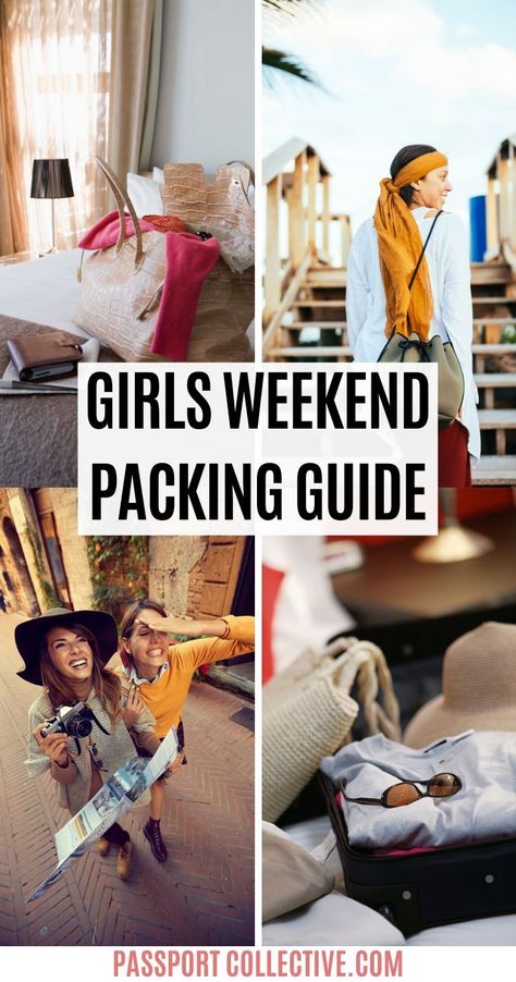 Everything you need to pack for a girl's weekend. Pack light and pack smart for your girls trip. The perfect capsule wardrobe and suggestions that you already have in your wardrobe. Options for carry on only luggage or take a few extra items and check in. Suitable for backpacks, roller bags and totes. Let's get packing! #packingguide #travel #weekend #girlstrip Capsule Wardrobe Weekend Trip, City Weekend Packing List, Girls Weekend Packing List, Carry On Capsule Wardrobe, City Break Outfit Summer, City Break Packing, Girls Weekend Outfits, Luggage Packing List, Long Weekend Packing