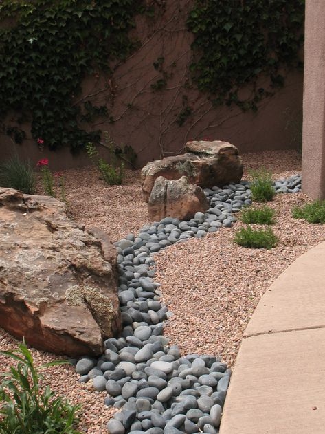 Riverbeds - Traditional - Landscape - Albuquerque - by EcoScapes Landscaping | Houzz Lueders Stone, Dry Riverbed Landscaping, Xeriscape Ideas, Pebble Landscaping, Xeriscape Front Yard, Xeriscape Landscaping, Eden Garden, River Rock Landscaping, Fire Pit Landscaping