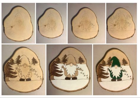 Wood burned on a wood slice then painted. Wood Log Crafts, Xmas Drawing, Wood Slice Decor, Wood Burn Designs, Pyrography Patterns, Picture Ornaments, Wood Slice Art, Diy Christmas Tree Ornaments, Festive Crafts