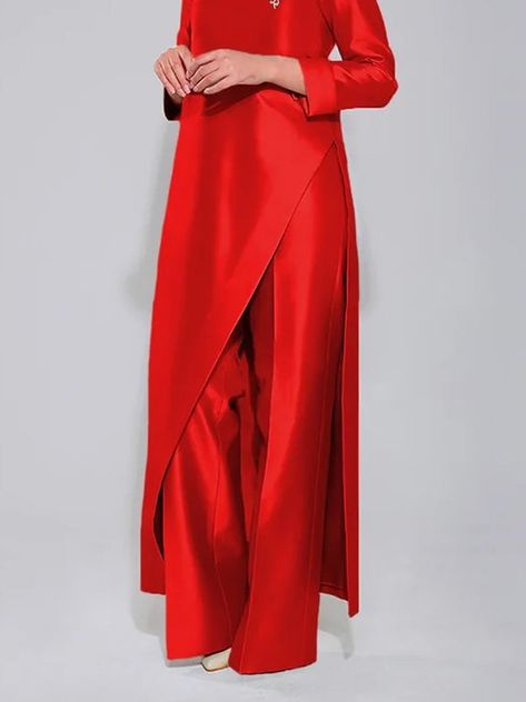 Dressy Pant Suits, Red Pantsuit, Ärmelloser Pullover, Grey Hair Transformation, Dresses Winter, Cocktail Outfit, Long Kimono, Type Of Pants, Elegant Fashion