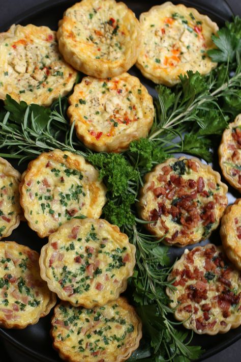 Pies, Quiches & Tarts - Snowflakes & Coffeecakes Cooking School Christmas Morning Tea Ideas, Best Quiche Flavors, Quiche Custard Recipe, Mini Quiches In Muffin Tin With Crust, Quiche Flavors, Mini Quiche Recipe, Individual Quiche Recipes, Mini Quiche Tarts, Mini Pie Crust Ideas