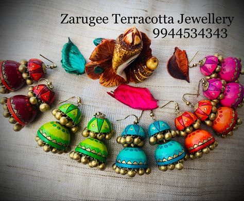 Terracotta Jimikki, Terracotta Earrings Jhumkas, Homemade Clay Earrings, Jewellery Decoration, Navratri Jewellery, Terracotta Jewellery Making, Painted Jewellery, Terracotta Jewellery Designs, Terracotta Earrings