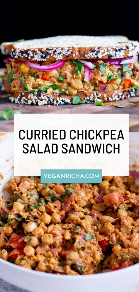 For a healthy and easy lunch try this Curried Chickpea Salad Sandwich recipe. This sandwich is essentially a vegan version of curried egg salad using chickpeas! Curried Egg Salad, Curried Chickpea Salad, Chickpea Sandwich, Salad Sandwich Recipe, Chickpea Salad Sandwich, Vegan Richa, Chicken Curry Salad, Sandwich Fillings, Chicken Salad Sandwich