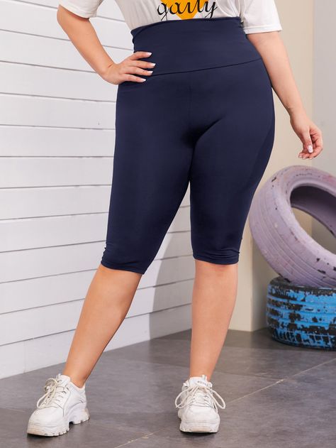 Navy Blue Sporty   Polyester Plain Biker Shorts  Slight Stretch Spring/Summer/Fall Plus Size Bottoms Outfits Leggins, Legging Plus Size, Fall Plus Size, Plus Size Leggings, Plus Size Pants, Cycling Shorts, Wide Waistband, Trendy Fashion Women, Biker Shorts