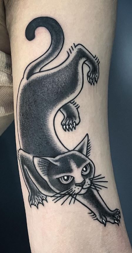 Old Style Tattoos, Back Of Leg Tattoos, Traditional Tattoo Inspiration, Tattoo Me, Traditional Style Tattoo, Black Cat Tattoos, Panther Tattoo, Saved Tattoo, Traditional Tattoo Sleeve