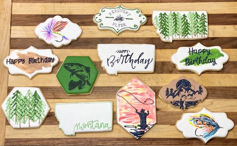 Montana Cookies, Fly Fishing Cookies, Fishing Cookies Decorated, Fly Fishing Cookies Decorated, Cookies Fishing Theme, Fishing Cookies Royal Icing, Fish Birthday Cookies Decorated, Fish Cookies, Sugar Cookie Designs