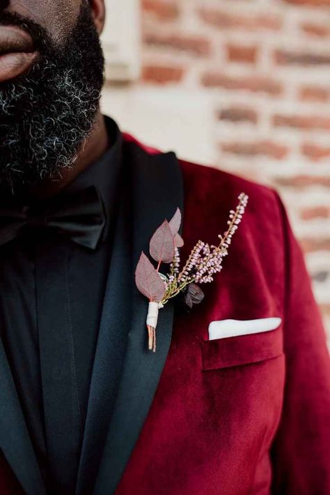 Wine Red Tuxedo Wedding, Red Velvet Groom Suit, Jewel Tone Tuxedo, Red Velvet Tuxedo, Academia Wedding, Dark Academia Wedding, Elopement Attire, Red Velvet Wedding, Dark Red Wedding