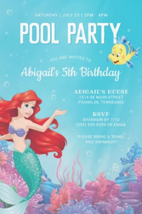 The Little Mermaid Birthday Party, Little Mermaid Invitations, Little Mermaid Birthday Party, Bubble Birthday Parties, Summer Birthday Invitations, Mermaid Pool Parties, Ariel Birthday Party, Ariel Party, Mermaid Pool