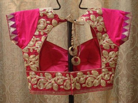 Beautiful and gorgeous hot pink blouse with window back. Zari embroidery for the ultimate party look Choli Blouse, Traditional Blouse Designs, Sari Blouse Designs, Perfect Blouse, Choli Designs, White Saree, Designer Saree Blouse Patterns, Saree Blouses, Indian Blouse