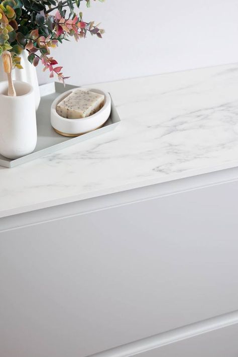 White Marble Effect Worktop | Worktop Express Bathroom Worktop, Walnut Worktop, Grey Marble Bathroom, Bathroom 2023, White Gloss Kitchen, Marble Worktops, White Marble Bathrooms, Laminate Worktop, Contemporary Color Palette