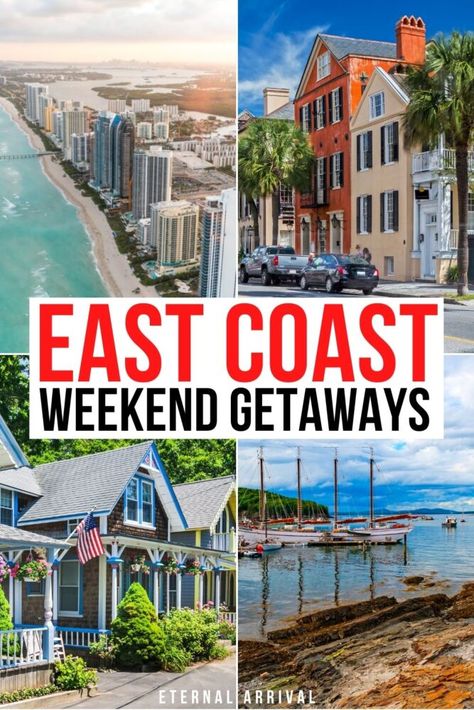 photo of miami, charleston, marthas vineyard and bar harbor. text reads east coast weekend getaways. Summer Weekend Getaway, East Coast Vacation, Weekend Getaways For Couples, Best Weekend Trips, Quick Weekend Getaways, Long Weekend Trips, East Coast Usa, East Coast Travel, East Coast Road Trip