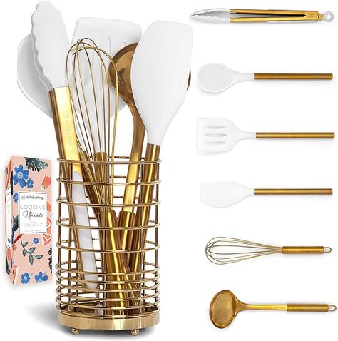 White Silicone and Gold Cooking Utensils Set with Gold Utensil Holder: 17PC Set Includes White & Gold Measuring Cups and Spoons Set,White Utensils Set,Gold Spatula,Gold Whisk Copper Cooking Utensils, Gold Kitchen Utensils, Modern Kitchen Utensils, White Kitchen Utensils, White Kitchen Accessories, Gold Utensils, Copper Kitchen Accessories, Gold Kitchen Accessories, Copper Kitchen Utensils