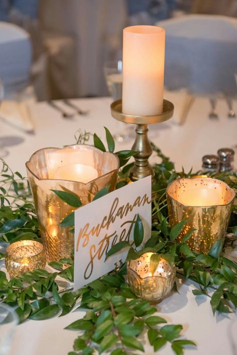 Centerpieces | gold and greenery |candles Winter Table Centerpieces, Gold Wedding Centerpieces, Greenery Wedding Centerpieces, Wedding Candles Table, Winter Wedding Table, Gold Wedding Theme, Wedding Reception Centerpieces, Gold Wedding Decorations, Wedding Floral Centerpieces