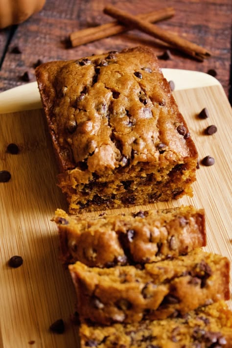 Chocolate Chip Pumpkin Bread — Poetry & Pies Chocolate Chip Bread Recipe, Chocolate Pumpkin Bread, Chocolate Chip Pie, College Recipes, Pumpkin Bread Easy, Moist Pumpkin Bread, Chocolate Chip Bread, Pumpkin Chocolate Chip Bread, Fall Baking Recipes