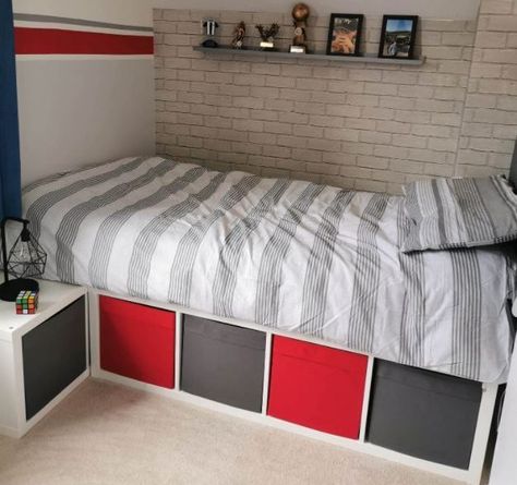 Mums are sharing their stunning Ikea hacks as they use the storage to make beds, desks and kids’ room dividers – The Sun Bed Made From Kallax Unit, Single Bed Ikea Hacks, Single Bed Storage Ideas, Diy Ikea Bed With Storage, Kallax Bed Hack Single, Single Storage Bed Ideas, Ikea Kallax Single Bed Hack, Single Kallax Bed, Kallax Ikea Bed