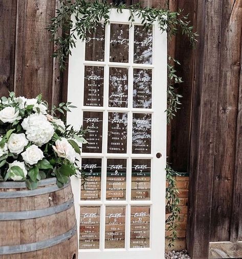 Glass Door Seating Chart, Seating Chart On Window, Window Pane Seating Chart Wedding, Window Seating Chart Wedding, Window Wedding Decor, Window Seating Chart, White French Door, Wedding Door Decorations, Rustic Charm Decor