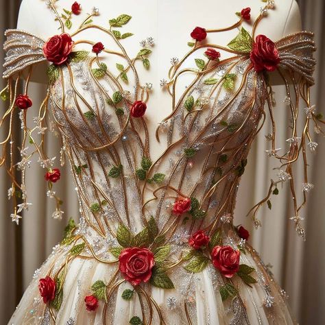 Rose Theme Outfit, White Dress With Red Roses On It, Red Rose Gown, White Dress With Roses, Flower Themed Dress, Rose Costume Flower, Fairy Themed Wedding Dress, Rose Inspired Dress, Rose Armor