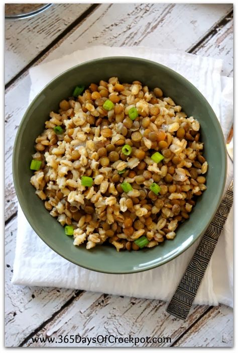 An easy crockpot recipe for lentil and barley pilaf.  This takes about 5 minutes to make!  It's chewy and full of flavor and fiber.  #lentil... Lentil Dinner Recipes, Barley Pilaf, Barley Recipes, Food Grains, Onion Flakes, Lentil Salad Recipes, Barley Recipe, Slow Cooker Lentils, Lentil Dishes