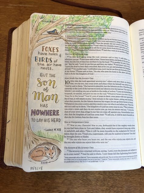 Bible Journaling. Luke 9:58. Micron pen, Prismacolor pencils. Luke 9:23-24 Bible Journaling, New Testament Journaling Ideas, Luke 9 Bible Journaling, Luke Bible Journaling, Hannah Bible, Doodle Bible, Journaling Lettering, Family Blessings, Scripture Journal