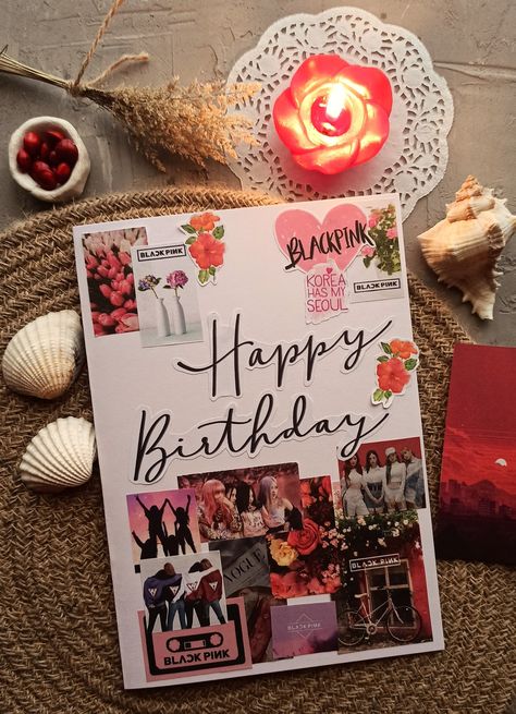 Bday Photo Collage Ideas, Bday Cards With Photos, Photo Collage Ideas Handmade, Birthday Card Journal Ideas, Blackpink Birthday Card Ideas, Pink Cards Aesthetic, Twice Birthday Theme, Bday Card Handmade, Birthday Card For Best Friend Aesthetic