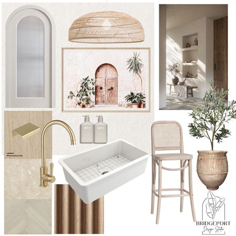 Mediterranean Bathrooms, Modern Mediterranean Kitchen, Mediterranean Boho, Hampton Style Home, Whitewashed Oak, Mediterranean Living Rooms, Arch Door, Design Mood Board, Hampton Style