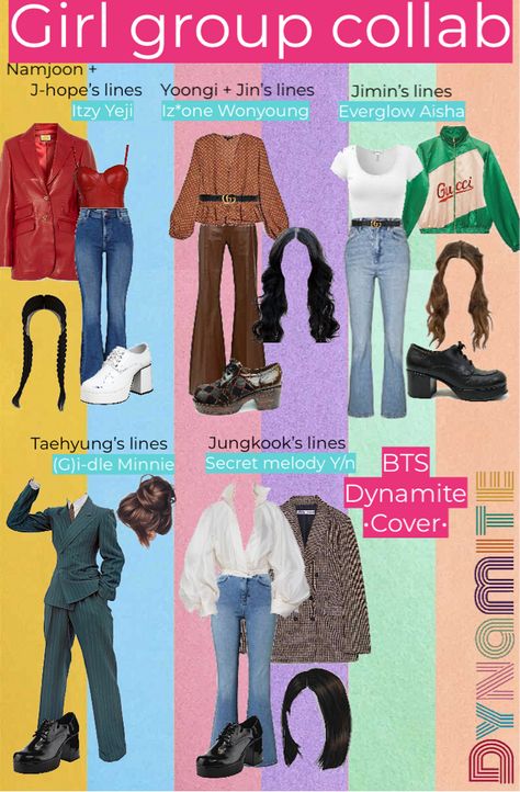 DYNAMITE •Cover• girlgroup outfit ideas | PLS check out my other work as well #kpop #itzy #izone #gidle #everglow #secretmelody #girlgroup #bts #dynamite #cover Dynamite Outfits, Ideas For Black Hair, Iz One Wonyoung, Bts Outfits, Bts Dynamite, G I Dle Minnie, Outfit Maker, Outfit Shoplook, Iz One