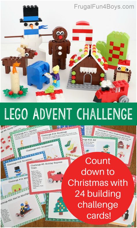 Lego Christmas Challenges For Kids, Christmas Lego Challenge Cards, Christmas Challenges For Kids, Lego Building Cards, Advent Ideas For Kids, Advent Activities For Kids, Christmas Legos, Calendar Challenge, Day Before Christmas