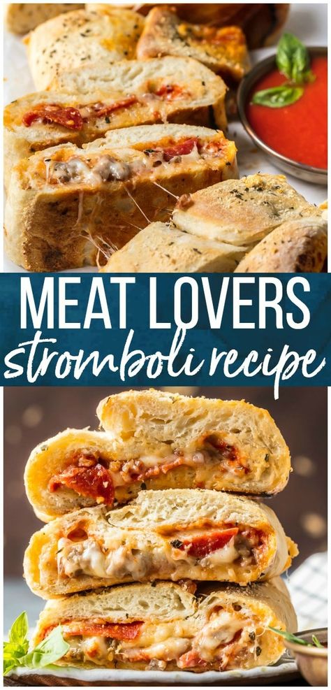 This EASY Stromboli Recipe is one of our go-to weeknight meals the entire family LOVES. Meat Lover's Stromboli is stuffed with juicy sausage, pepperoni, and bacon and loaded with cheese. The crust bakes up crispy on the outside and fluffy on the inside for the ultimate and perfect Stromboli! Stromboli Pepperoni, Italian Bacon, Farm Meals, Stromboli Recipes, Calzone Recipes, Stromboli Pizza, Easy Stromboli, Pizza Stromboli, Stromboli Recipe Easy