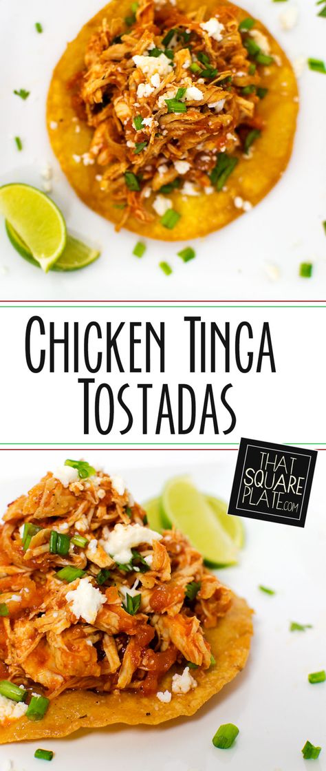 I adapted Food & Wine's Chicken Tinga Tacos and made some tostadas! They were absolutely delicious -- spicy like I like 'em! Chicken Tinga Tostadas, Tinga Tostadas, Chicken Tinga Tacos, Tinga Tacos, Chicken Tinga, Authentic Mexican Recipes, Food Meals, Hispanic Food, Square Plate