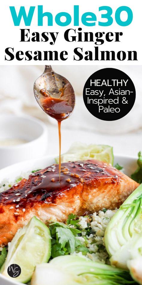 Easy Ginger Sesame Salmon – this recipe is packed with flavor, comes together so easily and family-friendly! Don’t forget to make extra so you have some to take to work for lunch the next day!!! And the ginger sesame salmon glaze/marinade will become a favorite for sure!! It comes together in just 25 minutes. This recipe is Whole30, Paleo, Dairy-Free and Gluten-Free. Ginger Sesame Salmon, Paleo Japanese Recipes, Dairy Free Salmon Recipes, Easy Asian Salmon, Salmon Recipe Healthy, Paleo Salmon Recipe, Honey Ginger Salmon, Gluten Free Fish Recipes, Whole 30 Approved Foods