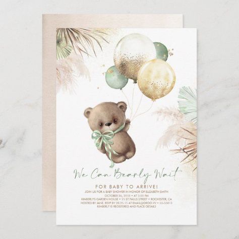 Teddy Bear Brown Sage Green Balloons Baby Shower Invitation Baby Shower Verde, Sage Green Balloons, Brown Balloons, Teddy Bear Brown, Teddy Bear Baby Shower Invitations, Green Balloons, Teddy Bear Theme, Tropical Greenery, Gender Neutral Baby Shower Invitations