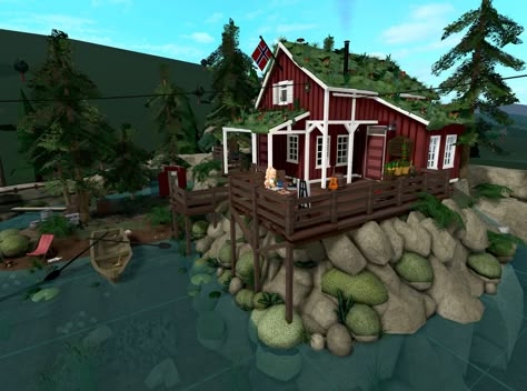 Bloxburg House Ideas Earthy, Bloxburg Houses On Mountains, Mountain In Bloxburg, Bloxburg River Ideas, Bloxburg Lake House Ideas, Mountains In Bloxburg, Bloxburg House In The Woods, Bloxburg Build Ideas Exterior, Overgrown Bloxburg House