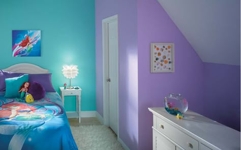 Teal Bedroom Paint, Kids Room Paint Colors, Disney Kids Rooms, Teal Bedroom, Colorful Kids Room, Mermaid Room, Kids Room Paint, Purple Rooms, Bedroom Wall Colors