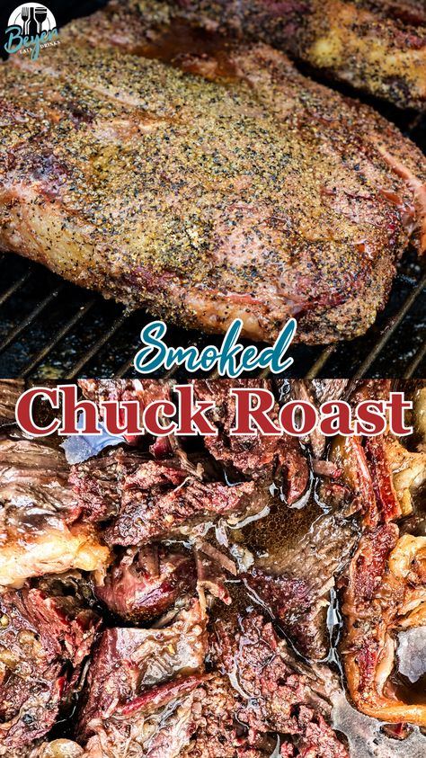 Smoked chuck roast will quickly become one of your favorite cuts of beef to smoke with a simple beef rub made with garlic, salt, and pepper and then finished in a pan of onions and beef broth. It is a great alternative to a beef brisket. Smoker Chuck Roast Recipes, Smoked Beef Shoulder Roast, Roast In Smoker, Chuck Roast Burnt Ends Smoker, Smoked Chuck Roast Recipes, Smoked Shredded Beef, Beef Chuck Roast Recipes, Smoked Beef Chuck Roast, Smoked Roast Beef