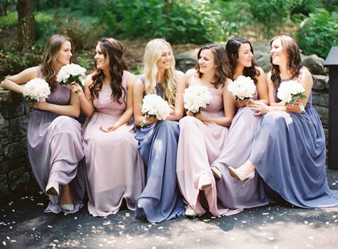 blue, purple & blush mix-and-match bridesmaid dresses | image via: ruffled blog Purple Lace Bridesmaid Dresses, Prom Dress Short Lace, Purple Bridesmaid Dress, Purple Bridesmaid, Bridesmaids Dress Inspiration, Lace Wedding Dress With Sleeves, Purple Bridesmaid Dresses, Wedding Colors Blue, Wedding Blue