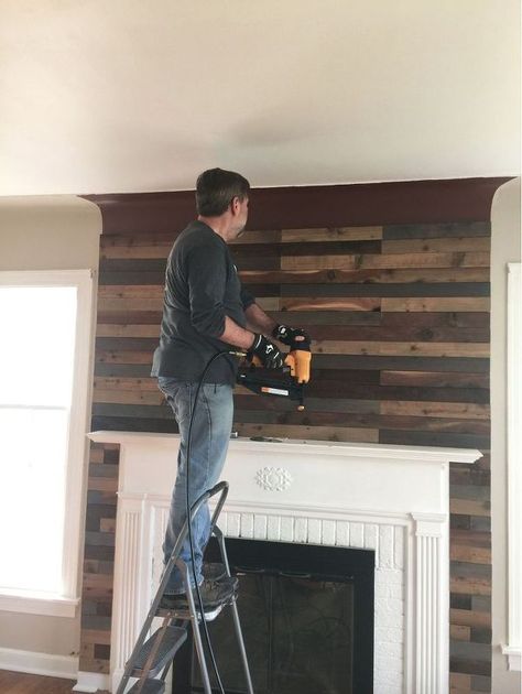 quick and easy fireplace update, fireplaces mantels, home decor, home improvement, living room ideas, pallet, wall decor                                                                                                                                                                                 More Snug Kitchen, Easy Fireplace, Pallet Wall Decor, Diy Pallet Wall, Fireplace Update, Easy Home Improvement, Pallet Wall, Fireplace Remodel, Design Apartment