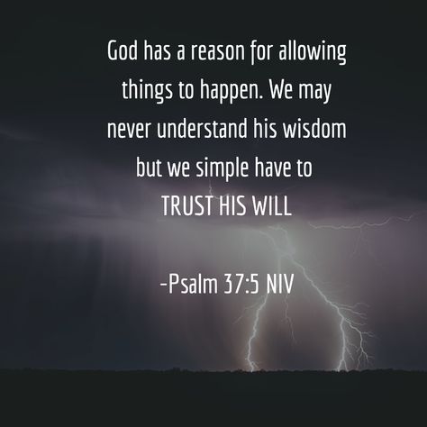 God has a reason for allowing things to happen. We may never understand his wisdom but we simple have to  TRUST HIS WILL  -Psalm 37:5 NIV Bible Verse Believe In God, There Is A Time For Everything Bible, Bible Verse Everything Happens For A Reason, Bible Verse For Non Believers, What Does Bible Say About Tattoos, Psalm 37 5, Never Understand, Psalm 37, Everything Happens For A Reason