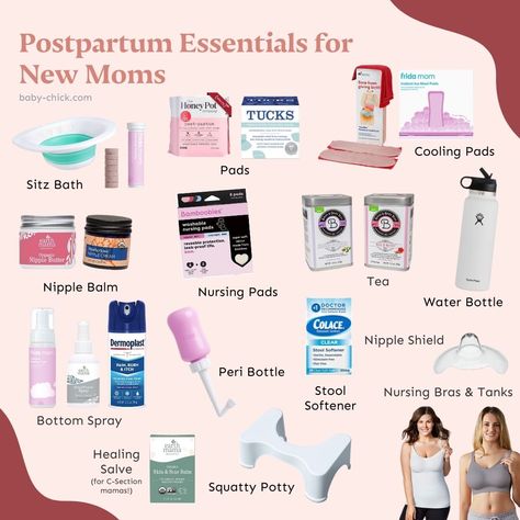 Collage of postpartum essential for new moms Post Partum Necessities New Moms, Postpartum List For Mom, Post Partum Essentials For Mom, Postpartum Bathroom Station, Postpartum Setup, Postpartum Station, Postpartum Nightstand, Csection Essentials, New Mom Care Package Gift Ideas