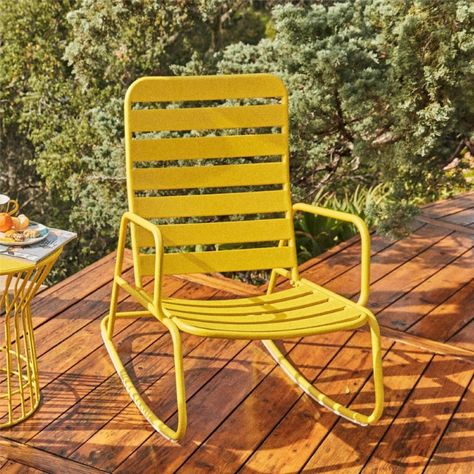 Garden Metal Rocking Chair Roberta Outdoor or Indoor in Yellow 88065YLW1EUK by Novogratz Metal Rocking Chair, Outdoor Rocking Chair, Rocking Chair Set, Outside Seating, Patio Rocking Chairs, Rocker Chairs, Outdoor Rocking Chairs, Modern Patio, Persimmon