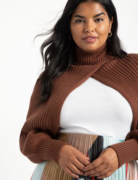 Plus Size Sweaters | ELOQUII Plus Size Turtleneck, Sleeve Scarf, Turtleneck Layering, Bolero Sweater, Puff Sleeve Sweater, Sweater Layering, Chocolate Fondant, Sweater Trends, Plus Size Sweaters