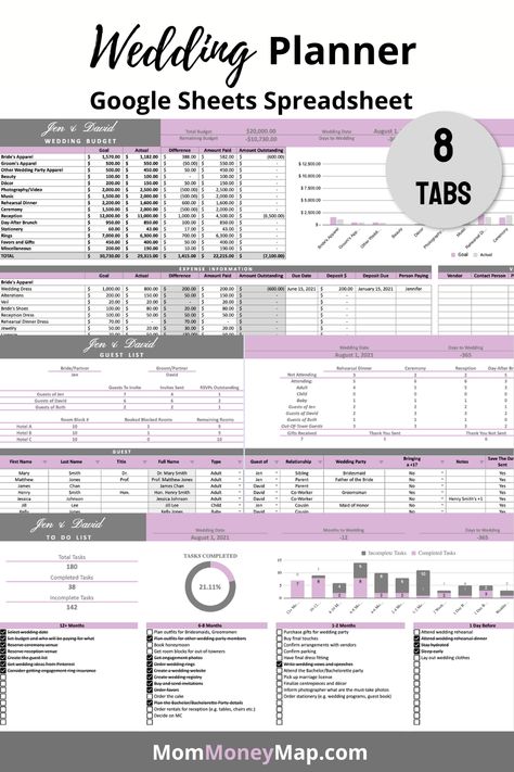 Wedding Planner Google Sheets Spreadsheet - Purple Wedding Spreadsheet, Wedding Budget Spreadsheet, Budget Percentages, Budget Spreadsheet Template, Wedding Planner Checklist, Wedding Budget Planner, Monthly Budget Spreadsheet, Budget Expenses, Budget Goals