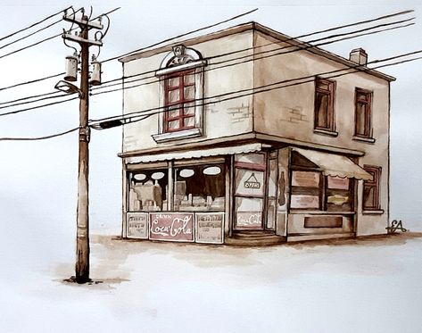 Corner Store Corner Street Drawing, Corner Store Aesthetic, Corner Drawing, Store Drawing, Corner Bakery, Background Reference, Sims Houses, Drawing Tutorial Face, Building Drawing