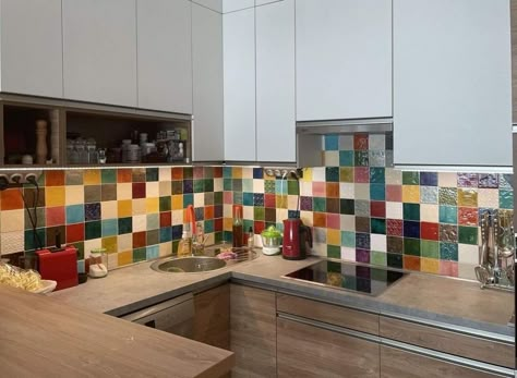 Multi Coloured Tiles Kitchen, Kitchen With Colorful Tiles, Primary Colour Kitchen, Coloured Tiles Kitchen, Colorful Backsplash Ideas, Green And Orange Kitchen, Multi Color Tile, Crowded Table, Living Room Cupboards