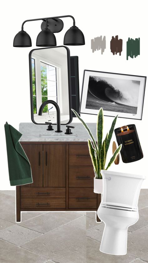 Black And Sage Bathroom, Black White And Green Bathroom, White And Green Bathroom, Bathroom Sage Green, Sage Bathroom, Neutral Bathroom, Green Bathroom, Half Bath, Black Bathroom