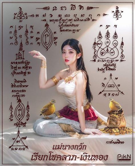 Thai Folklore, Nang Kwak, Buddhist Art Drawing, Ancient Drawings, Red Drinks, Lucky Wallpaper, Thai Tattoo, Attract Customers, Small Lady