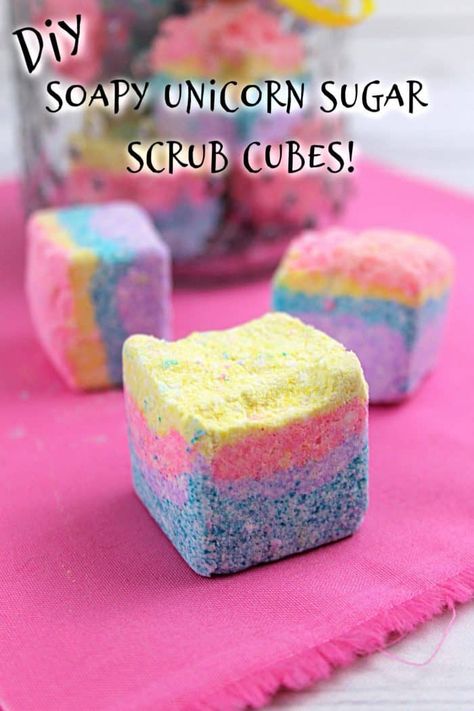 Soapy Unicorn Sugar Scrub Cubes - Easy DIY Beauty Tutorial that your kids are going to love making and using! #unicorn #diybeauty #fun #homemade Unicorn Body Butter, Scrub Bars, Easy Diy Beauty Products, Sugar Scrub Cubes, Apparel Business, Beauty Tutorial, Peppermint Sugar, Diy Unicorn, Sugar Scrub Recipe