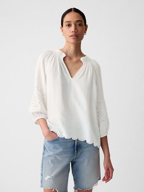 Eyelet Puff Sleeve Shirt Everlane Outfit, Eyelet Shirt, Women Shirt Top, Puff Sleeve Shirt, White Eyelet, Scalloped Hem, Puff Sleeves, Cotton Shirt, Fashion News